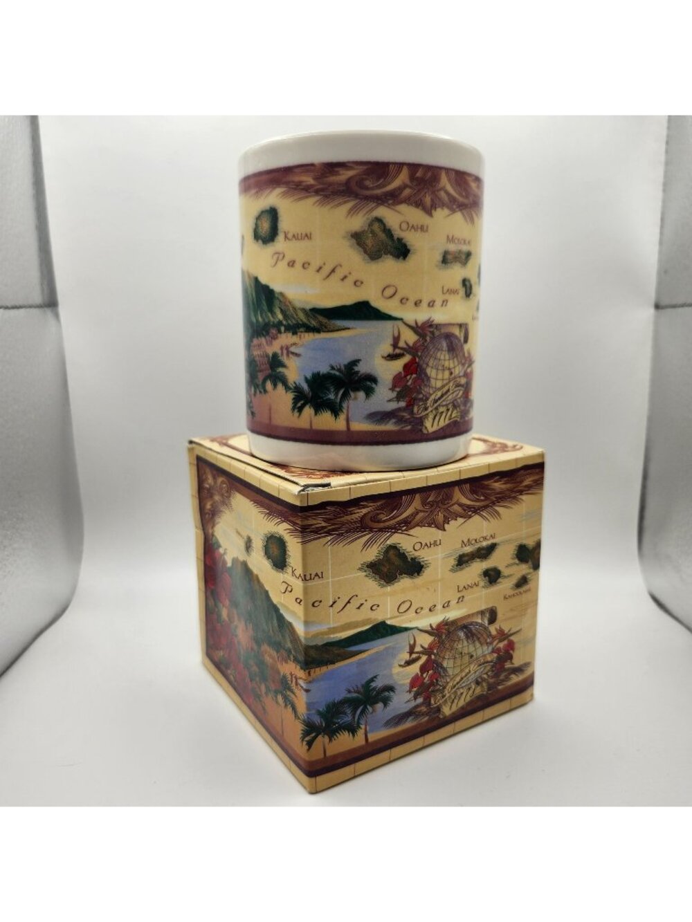 Vintage Island Group Hawaiian Island Chain Map Ceramic Coffee Mug With Box 12oz